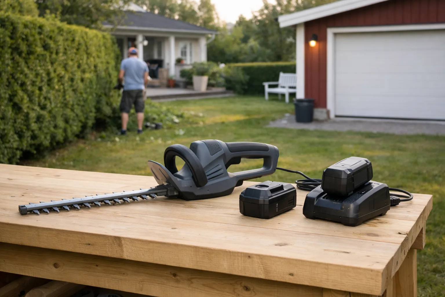 Häcksax med batteri och laddare på en bänk.