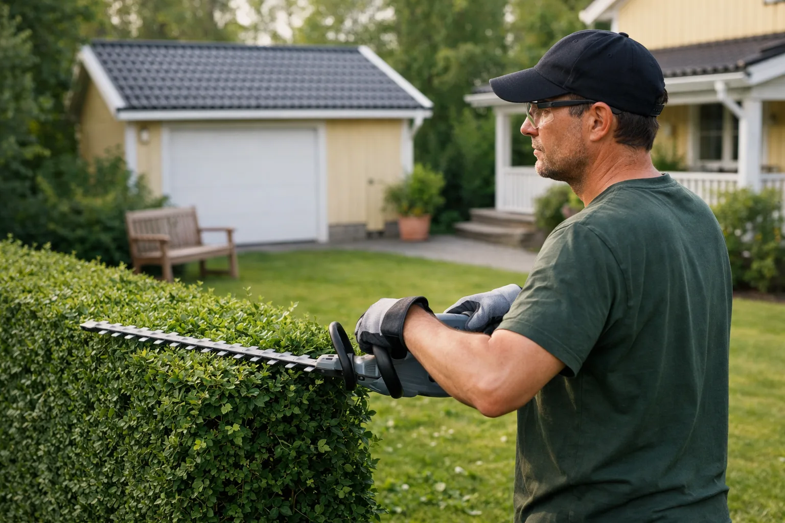 Person klipper häck med häcksax.