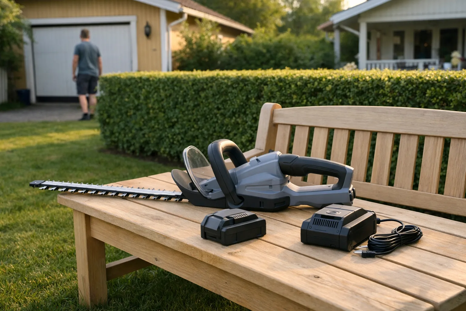 Batteridriven häcksax med batteri på en bänk.