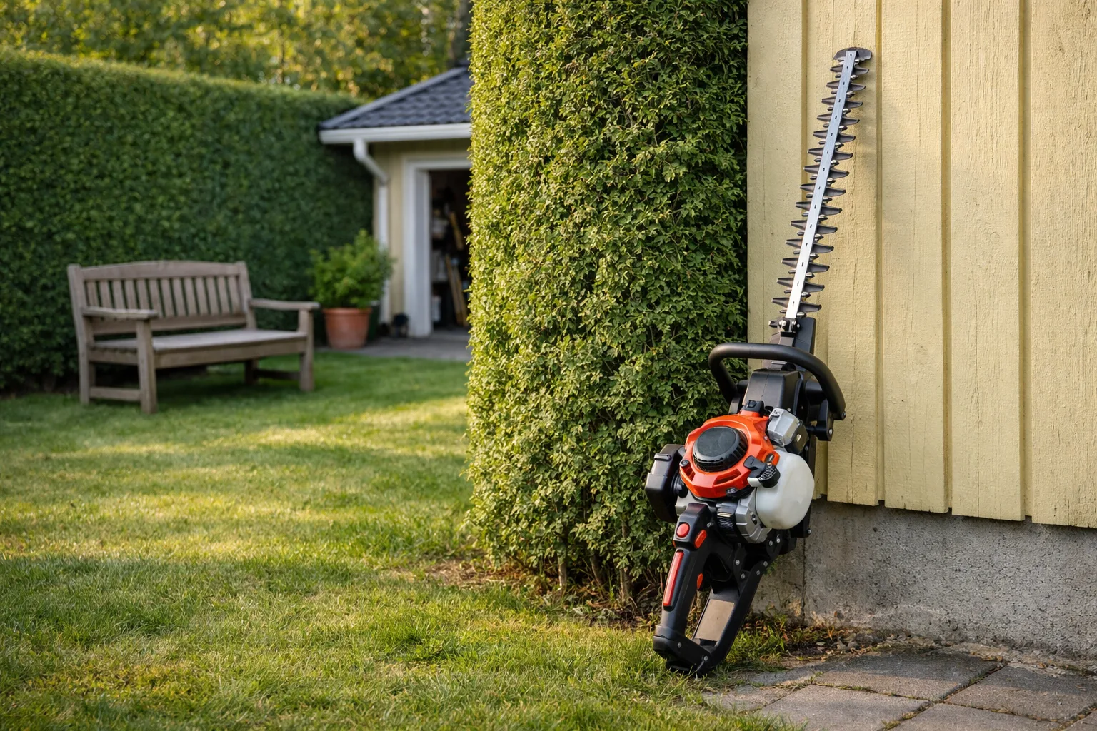 Bensinhäcksax mot en vägg vid en hög häck.