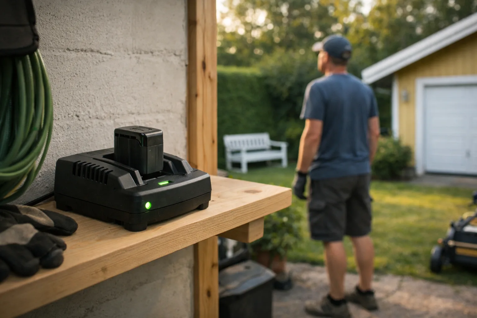 Batteri i laddare på en hylla.
