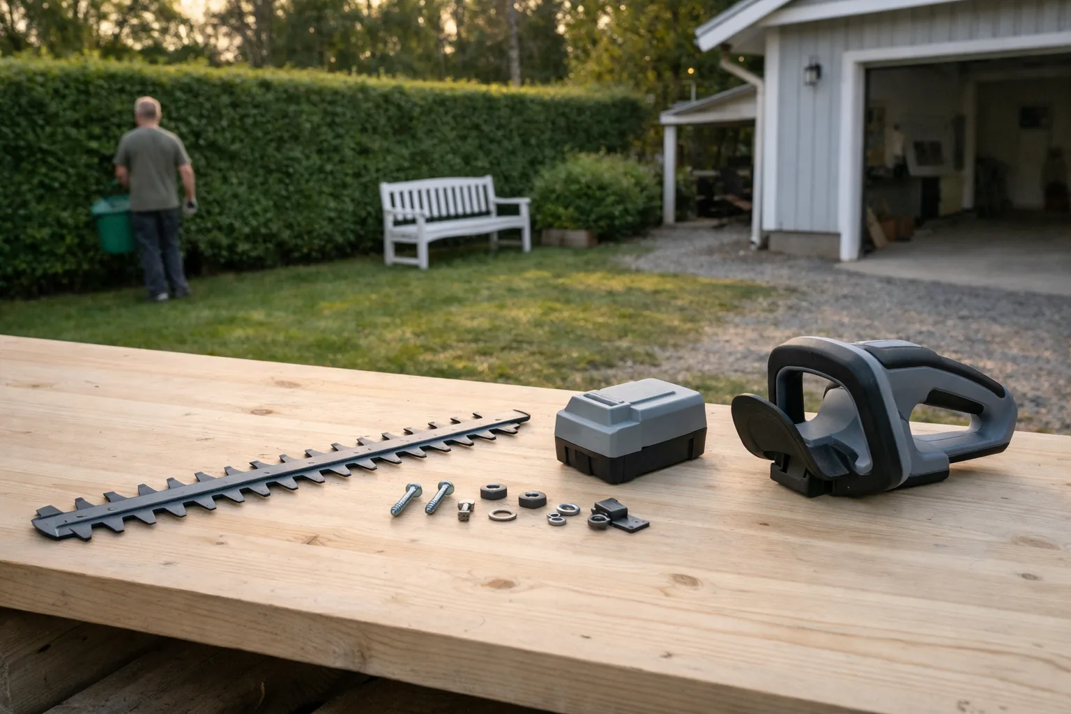 Reservdelar till häcksax på en bänk.