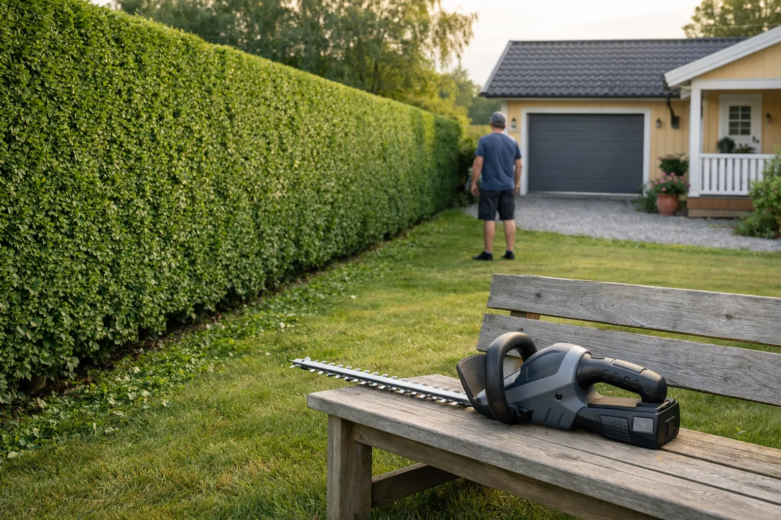 Häcksax på en trädgårdsbänk framför en klippt häck.